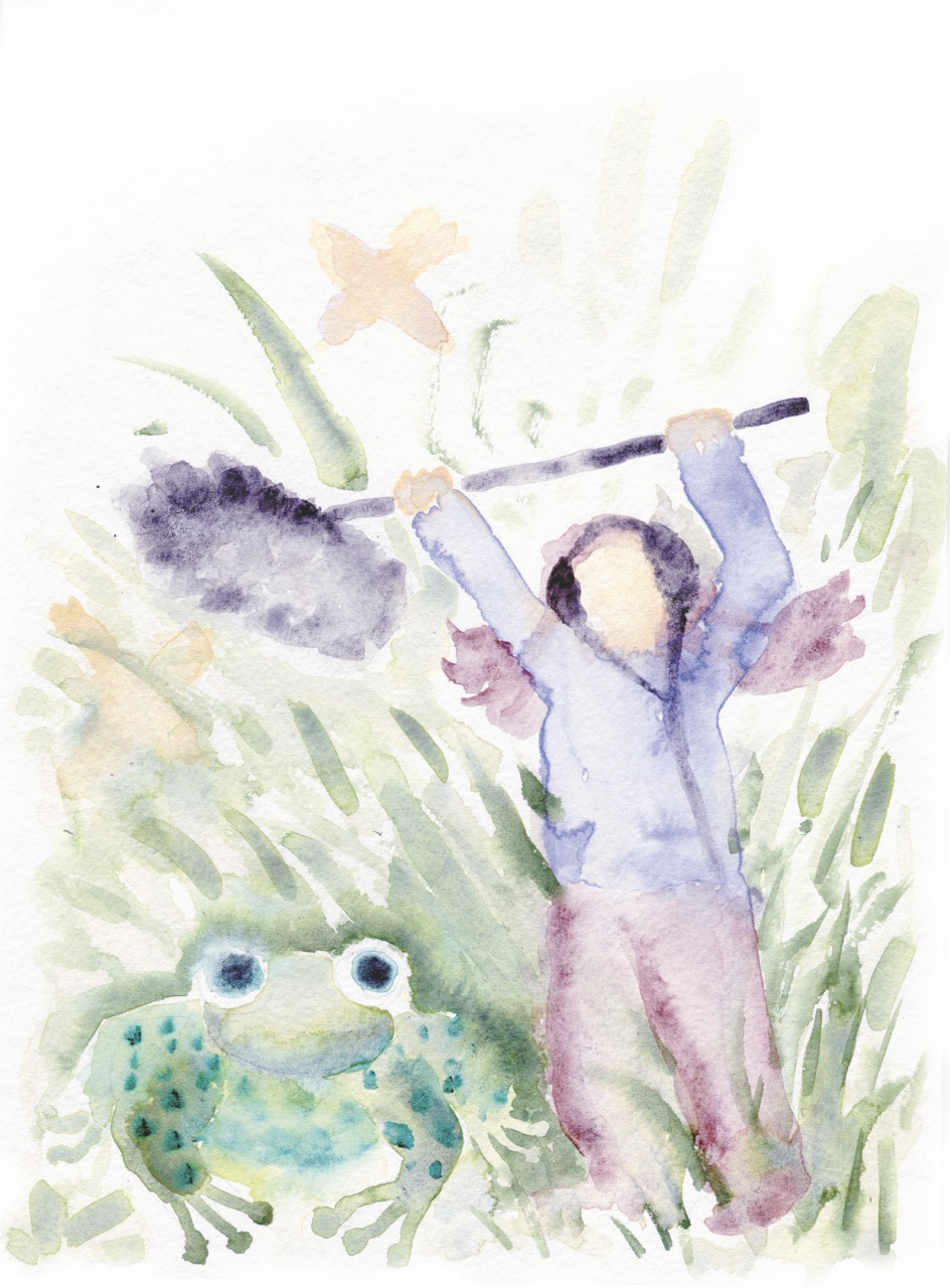 Watercolor painting of a person field recording in nature with a frog